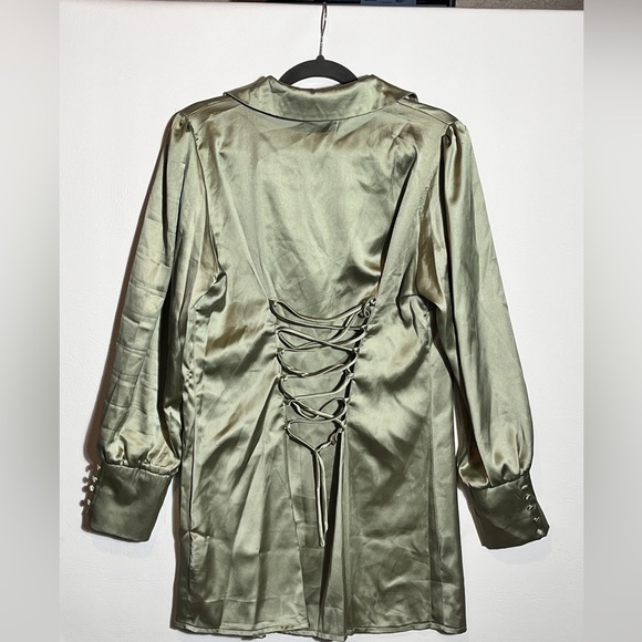 Hello Molly Satin Sage Green Button Up Laced up Mini Dress NWT XL - Picture 2 of 14